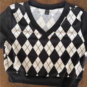 SHEIN Black and Cream Argyle V-Neck Sweater